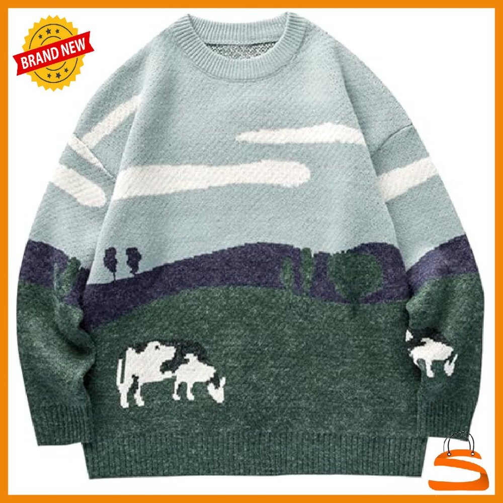 Oversized Cow Print Sweater Chunky Knit Pullover Unisex Fall Winter - Picture 2 of 8